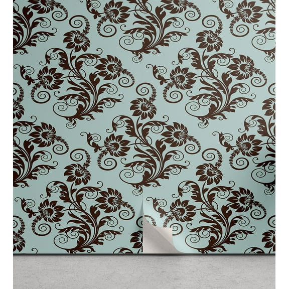Ambesonne Art Nouveau Peel & Stick Wallpaper for Home, Vintage Damask, 13"x36", Seal Brown and Pale Blue
