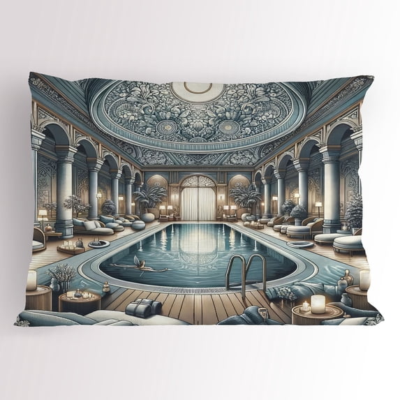 Ambesonne Art Nouveau Pillow Sham, Panorama of a Pool Hall, 26" X 20", Pale Taupe Blue Grey