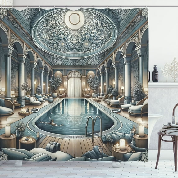 Ambesonne Art Nouveau Shower Curtain, Panorama of a Pool Hall, 69"Wx84"L, Pale Taupe Blue Grey