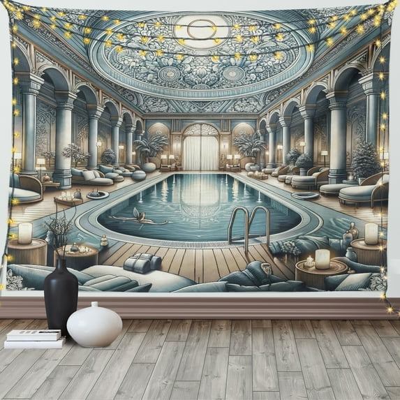 Ambesonne Art Nouveau Tapestry Wall Hanging, Panorama of a Pool Hall, 60"x40", Pale Taupe Blue Grey