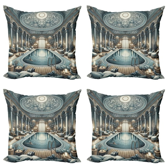 Ambesonne Art Nouveau Throw Pillow Cover 4 Pack, Panorama of a Pool Hall, 20", Pale Taupe Blue Grey