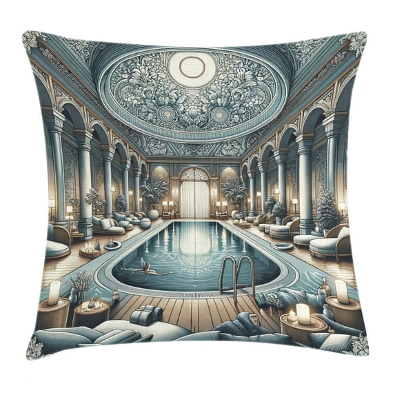 Ambesonne Art Nouveau Throw Pillow Cushion Cover, Panorama of a Pool Hall, 36" X 36", Pale Taupe Blue Grey
