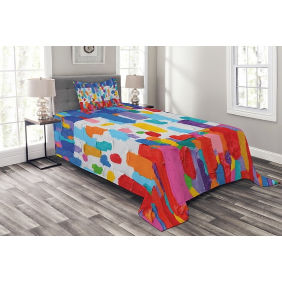 Ambesonne Art Quilted Bedspread Set 2 Pcs, Colorful Abstract Painting, Twin Size, Multicolor