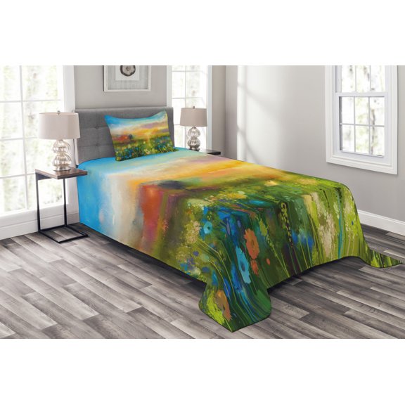 Ambesonne Art Quilted Bedspread Set 2 Pcs, Dandelion Blooms in Meadow, Twin Size, Multicolor