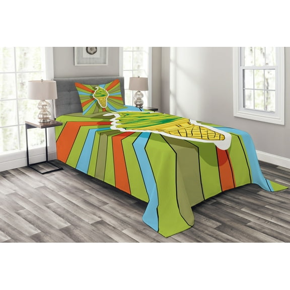 Ambesonne Art Quilted Bedspread Set 2 Pcs, Ice Cream on a Cone, Twin Size, Lime Green Multicolor