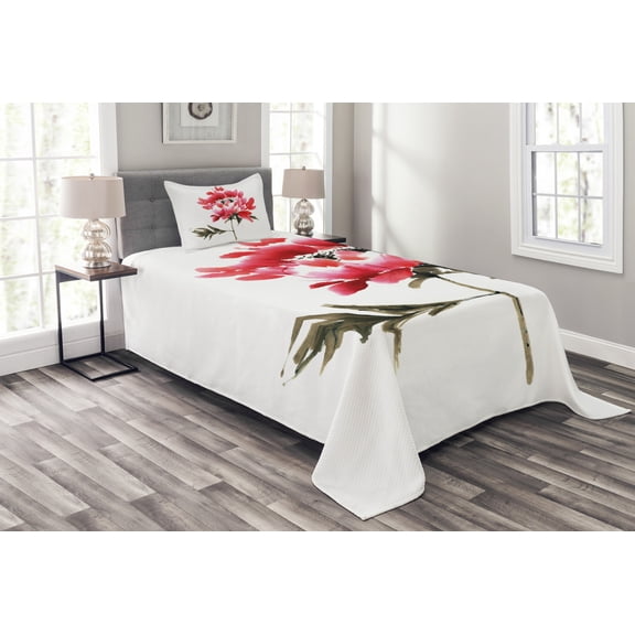 Ambesonne Art Quilted Bedspread Set 2 Pcs, Japanese Ink Wash Painting, Twin Size, Red Sage Green