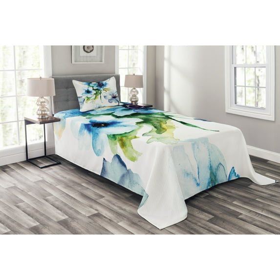 Ambesonne Art Quilted Bedspread Set 2 Pcs, Summer Flowers Growth, Twin Size, Blue Forest Green