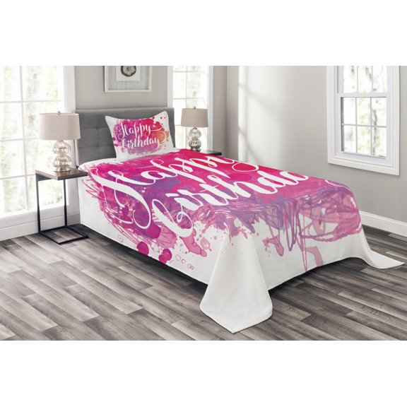 Ambesonne Art Quilted Bedspread Set 2 Pcs, Watercolor Birthday Text, Twin Size, Pink Red Orange
