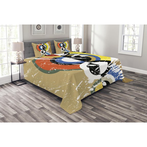 Ambesonne Art Quilted Bedspread Set 3 Pcs, Abstract Geometric Circles, King Size, Multicolor