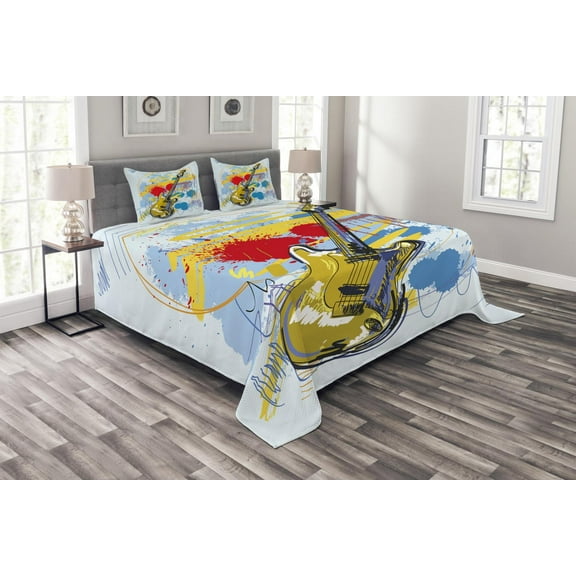 Ambesonne Art Quilted Bedspread Set 3 Pcs, Abstract Musical Instrument, King Size, Teal Yellow