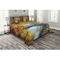 thumbnail image 1 of Ambesonne Art Quilted Bedspread Set 3 Pcs, Autumn Forest with Bridge, Queen Size, Marigold Vermilion Blue, 1 of 3