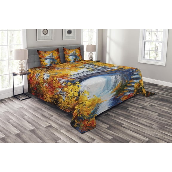 Ambesonne Art Quilted Bedspread Set 3 Pcs, Autumn Forest with Bridge, Queen Size, Marigold Vermilion Blue