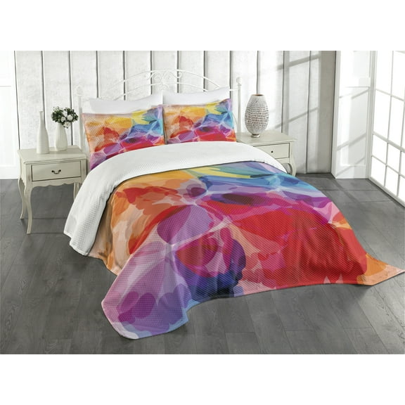 Ambesonne Art Quilted Bedspread Set 3 Pcs, Big Flower Petals, Queen Size, Multicolor