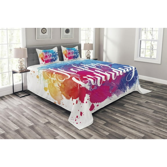 Ambesonne Art Quilted Bedspread Set 3 Pcs, Birthday Message Colorful, King Size, Multicolor