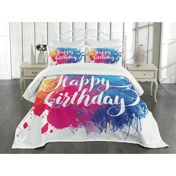 Ambesonne Art Quilted Bedspread Set 3 Pcs, Birthday Message Colorful, Queen Size, Multicolor
