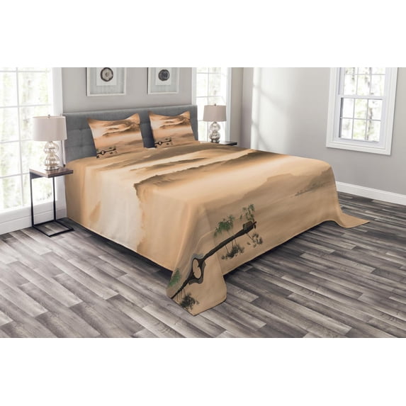 Ambesonne Art Quilted Bedspread Set 3 Pcs, Chinese Lake Landscape, King Size, Peach