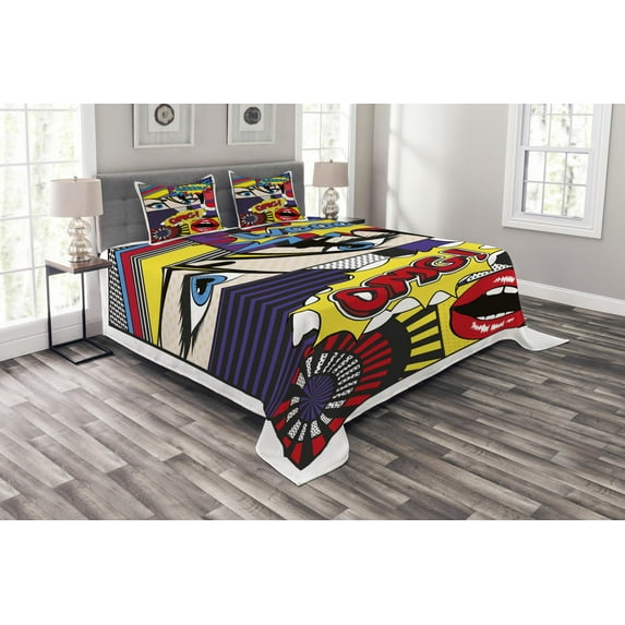 Ambesonne Art Quilted Bedspread Set 3 Pcs, Comic Book Pattern, King Size, Multicolor