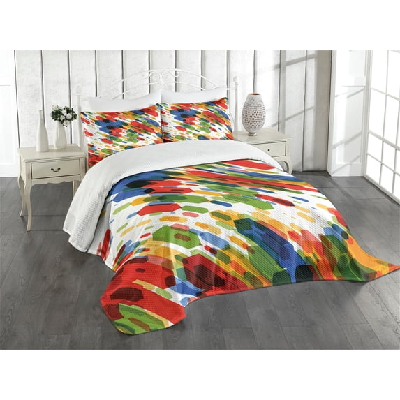 Ambesonne Art Quilted Bedspread Set 3 Pcs, Diagonal Geometric Vibrant, Queen Size, Multicolor