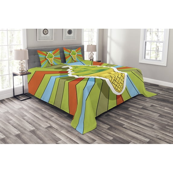 Ambesonne Art Quilted Bedspread Set 3 Pcs, Ice Cream on a Cone, Queen Size, Lime Green Multicolor