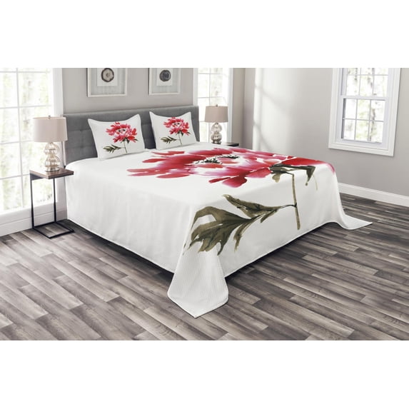 Ambesonne Art Quilted Bedspread Set 3 Pcs, Japanese Ink Wash Painting, Queen Size, Red Sage Green