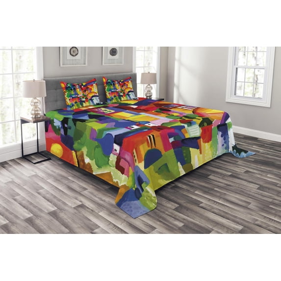 Ambesonne Art Quilted Bedspread Set 3 Pcs, Modern Vivid Buildings, Queen Size, Multicolor