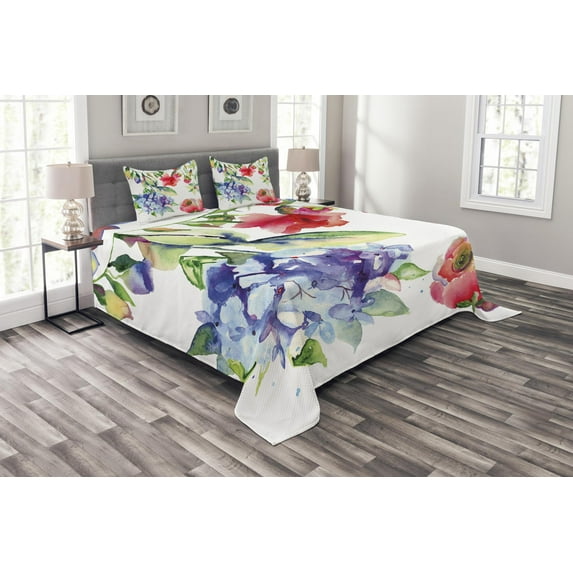 Ambesonne Art Quilted Bedspread Set 3 Pcs, Summer Flowers Branch, Queen Size, Multicolor