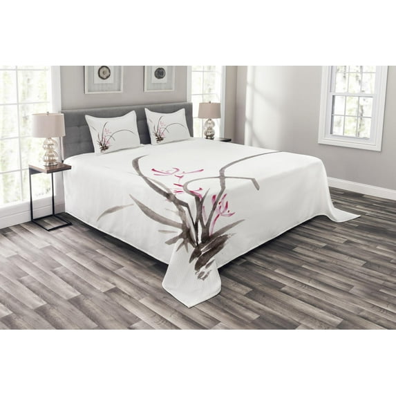 Ambesonne Art Quilted Bedspread Set 3 Pcs, Traditional Ink Orchid, Queen Size, Brown and Pink