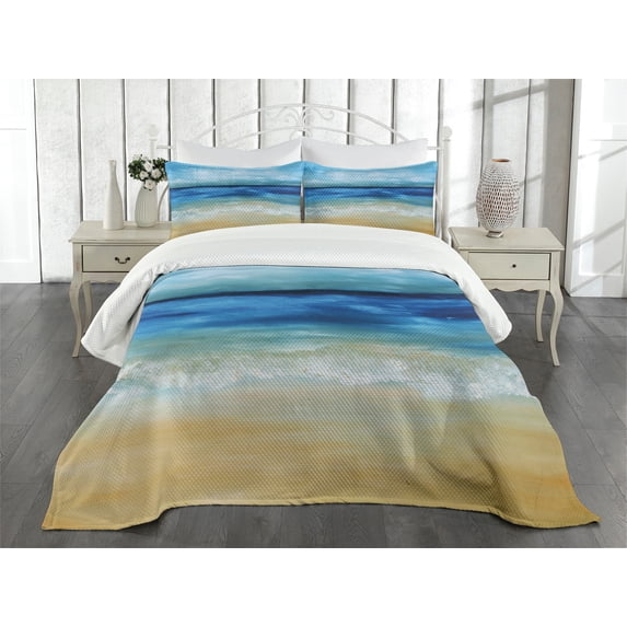 Ambesonne Art Quilted Bedspread Set 3 Pcs, Tropical Sandy Beach, King Size, Navy Blue Pale Brown