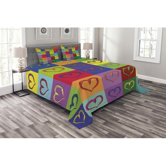 Ambesonne Art Quilted Bedspread Set 3 Pcs, Vivid Heart Colorful Square, King Size, Multicolor