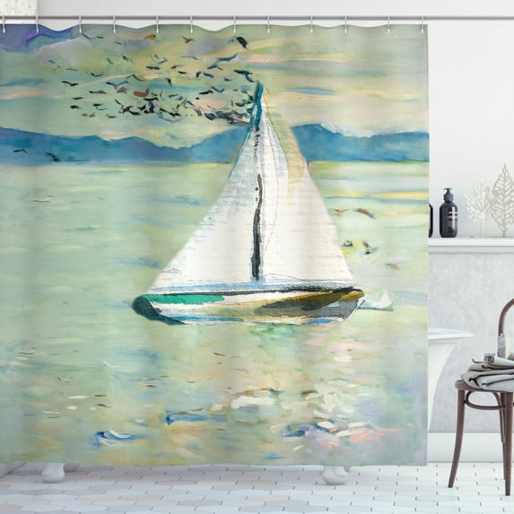 Ambesonne Art Shower Curtain, Monet Sailing Boat, 69"Wx75"L, Pale Blue Teal and White