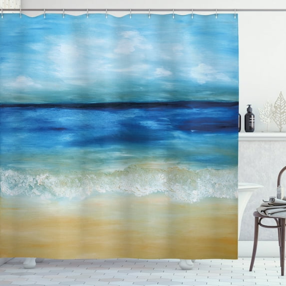 Ambesonne Art Shower Curtain, Tropical Sandy Beach, 69"Wx84"L, Navy Blue Pale Brown