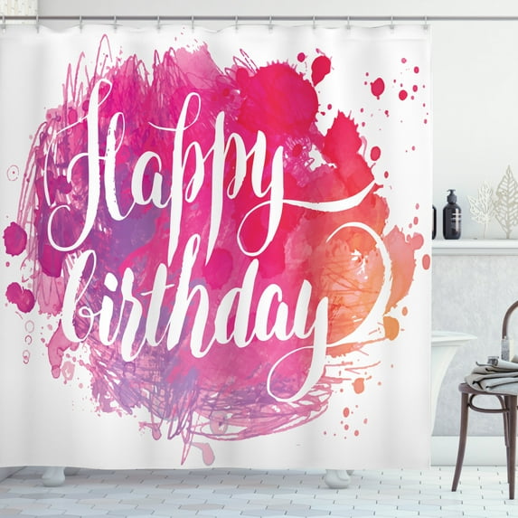 Ambesonne Art Shower Curtain, Watercolor Birthday Text, 69"Wx84"L, Pink Red Orange