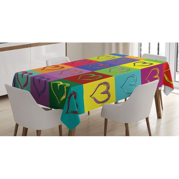 Ambesonne Art Tablecloth Rectangular Table Cover, Vivid Heart Colorful Square, 52"x70", Multicolor
