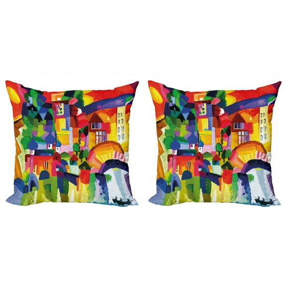 Ambesonne Art Throw Pillow Cover 2 Pack, Modern Vivid Buildings, 18", Multicolor