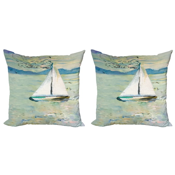 Ambesonne Art Throw Pillow Cover 2 Pack, Monet Sailing Boat, 24", Pale Blue Teal and White