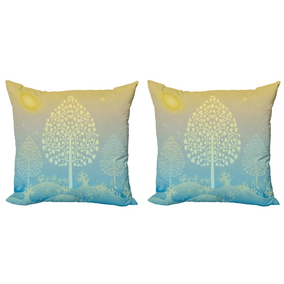 Ambesonne Art Throw Pillow Cover 2 Pack, Oriental Trees Thai Design, 24", Pale Blue Yellow