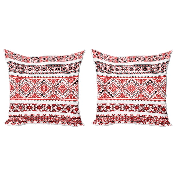 Ambesonne Art Throw Pillow Cover 2 Pack, Ukranian Ornate Borders, 16", Vermilion Black White