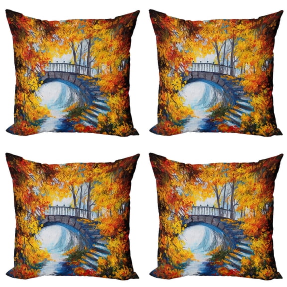 Ambesonne Art Throw Pillow Cover 4 Pack, Autumn Forest with Bridge, 18", Marigold Vermilion Blue