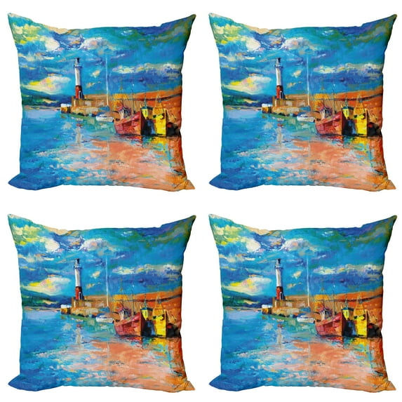 Ambesonne Art Throw Pillow Cover 4 Pack, Oil Painting Lighthouse, 24", Multicolor