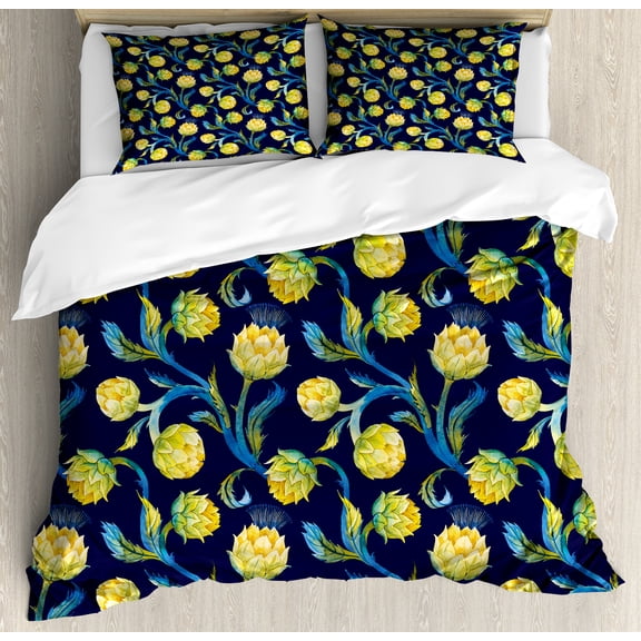 Ambesonne Artichoke Duvet Cover Set, Art Nouveau Food, 2-Calking, Blue Violet Yellow