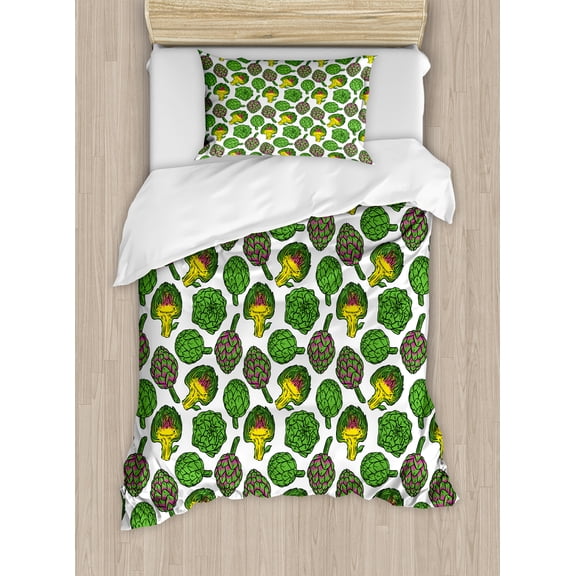 Ambesonne Artichoke Duvet Cover Sets, Cooking Food Eating, 2-Twin, Yellow and Fern Green