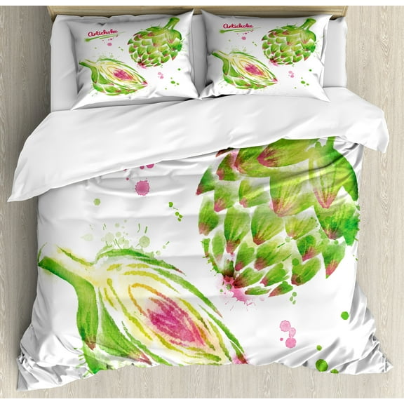 Ambesonne Artichoke Duvet Cover Sets, Watercolor Super Food, 2-King, Fuchsia and Apple Green