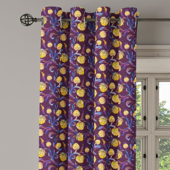 Ambesonne Artichoke Grommet Curtain Single Panel, Vibrant Colored Vegan, 50"x60", Dark Blue Yellow