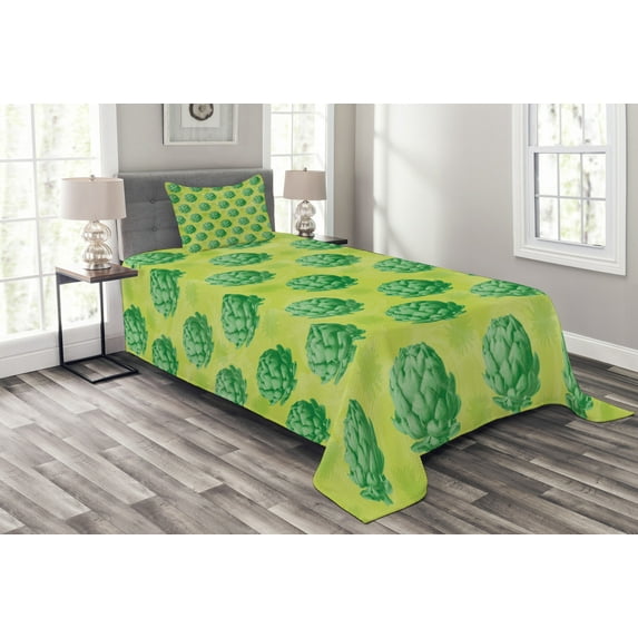 Ambesonne Artichoke Quilted Bedspread Set 2 Pcs, Eating Greens Garden Art, Twin Size, Apple Green Fern Green