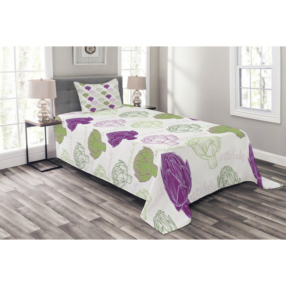 Ambesonne Artichoke Quilted Bedspread Set 2 Pcs, Sketch Style Food, Twin Size, Lime Green and Purple