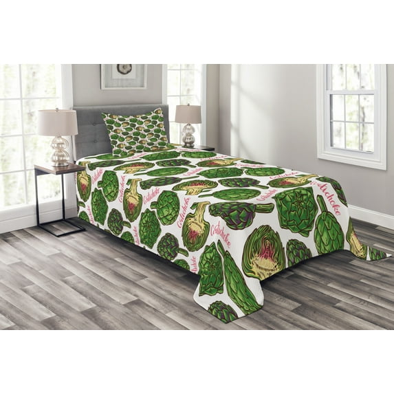 Ambesonne Artichoke Quilted Bedspread Set 2 Pcs, Super Food Illustration, Twin Size, Hunter Green Fern Green