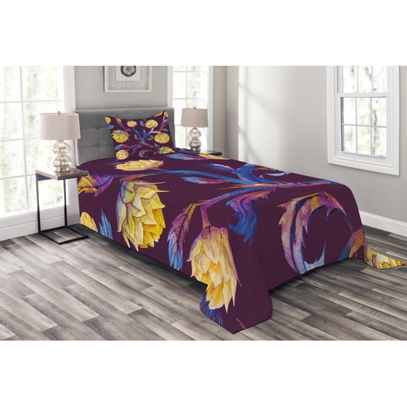 Ambesonne Artichoke Quilted Bedspread Set 2 Pcs, Vibrant Colored Vegan, Twin Size, Dark Blue Yellow