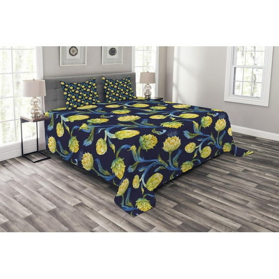 Ambesonne Artichoke Quilted Bedspread Set 3 Pcs, Art Nouveau Food, King Size, Blue Violet Yellow
