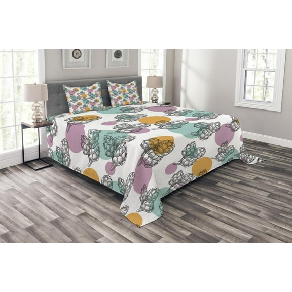 Ambesonne Artichoke Quilted Bedspread Set 3 Pcs, Black White Vegetable, King Size, Turquoise Apricot