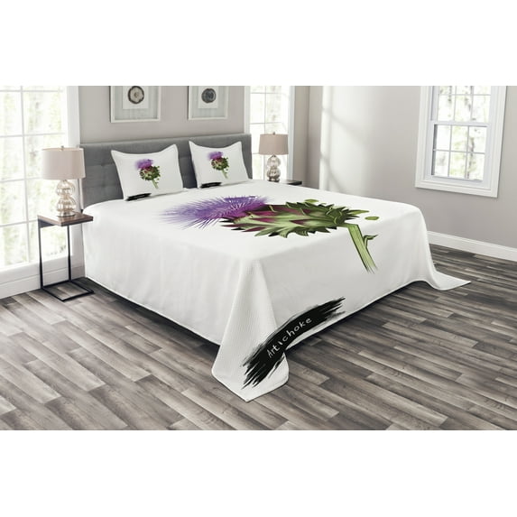 Ambesonne Artichoke Quilted Bedspread Set 3 Pcs, Blooming Botanic Food, King Size, Fern Green Violet